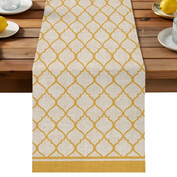 Rustic Moroccan Table Runner, Geometric Quatrefoil Yellow Lattice Cotton Linen Table Cloth, Tablerunner for Kitchen Dining Party Wedding Home Decor 13x48 Inch