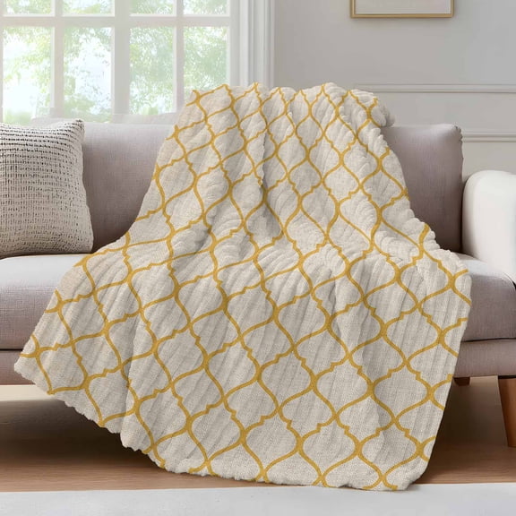 Rustic Moroccan Throw Blanket for Couch Geometric Quatrefoil Yellow Lattice Soft and Warm Flannel 3D Striped Fluffy Fuzzy Fleece Blanket Lightweight Throw for Bed, Sofa 50 x 60 Inches