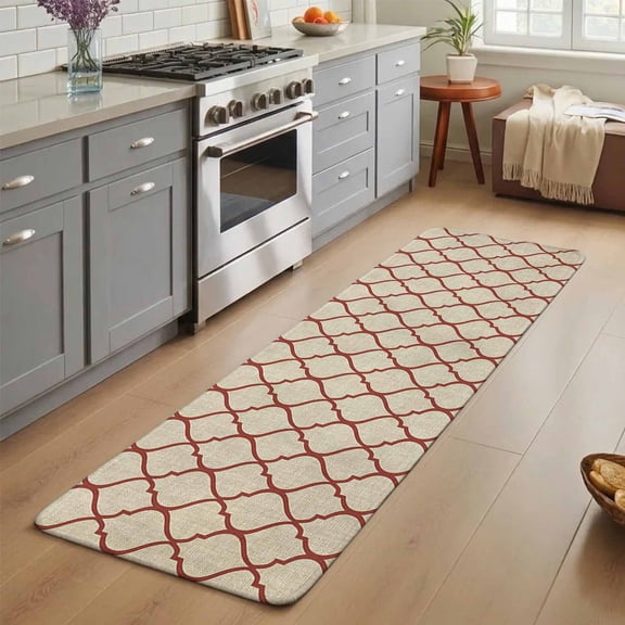 Rustic Moroccan Washable Runner Rug 3X5 ft Geometric Quatrefoil Red Lattice Non-Slip Hallway Runner Rug, Linen Kitchen Runner Mats, Indoor Floor Carpet for Entryway Bathroom Bedroom Living Room
