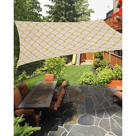 Rustic Moroccan Waterproof Sun Shade Sail Geometric Quatrefoil Yellow Lattice Outdoor Patio Sun Shades Canopy UV Block Waterproof Sunshade for Garden Backyard Deck Pergola 6.5x10 Ft