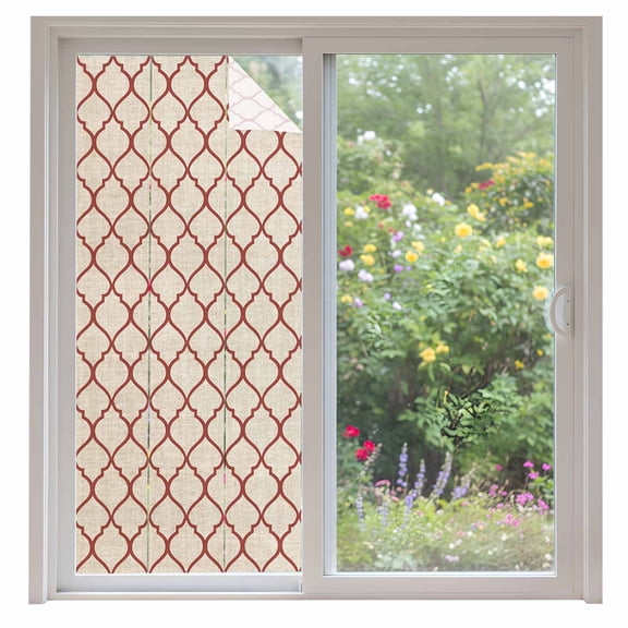 Rustic Moroccan Window Privacy Film Geometric Quatrefoil Red Lattice Decorative Glass Window Film UV Blocking Static Cling Non-Adhesive Sticker Covering for Home Door 35.4x78.7 inches
