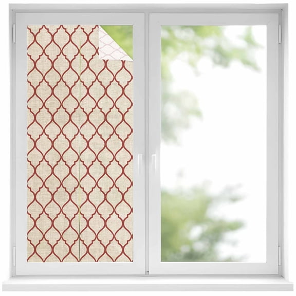 Rustic Moroccan Window Privacy Film Geometric Quatrefoil Red Lattice Decorative Glass Window Film UV Blocking Static Cling Non-Adhesive Sticker Covering for Home Door 19.6 x 39.3 inches
