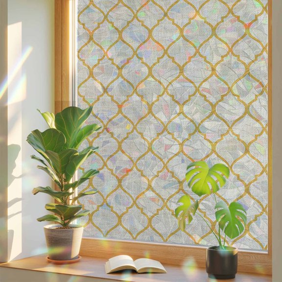 Rustic Morocco Tile Lattice Pattern Window Privacy Film, Rainbow Film Decorative Window Sticker 17.7x39.3in, Farmhouse Burlap Texture Sun Blocking Static Stained Glass Cling Tint Non-Adhesive