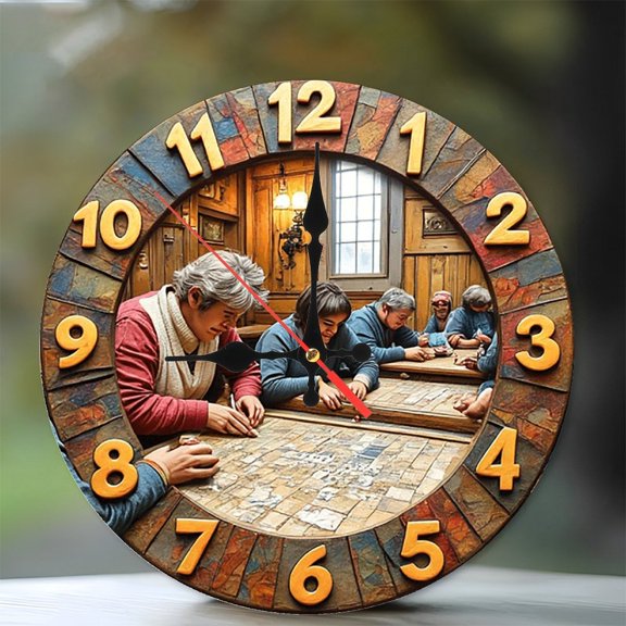 Rustic Mosaic Stone Wall Clock 10-Inch Silent Wooden Wall Clock, Battery Operated (AA Batteries Not Included), Artistic Home Decor