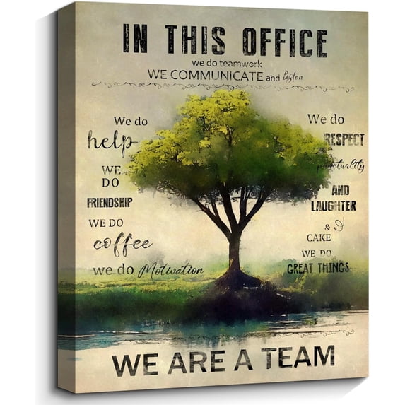 Rustic Motivational Office Picture Wall Decor Teamwork Positive Quotes Artwork Vintage Green Tree Painting Framed Inspirational Poster Prints for Home Office Wall Decoration Aesthetic 12"x16"