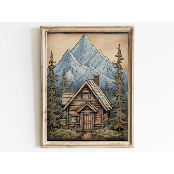 Rustic Mountain Cabin Print, Forest And Mountain Landscape Wall Art, Cozy Cottage Art Print, Vintage Nature Print, Art Wall Art, Modern Wall Decor, 8x12 UNFRAMED