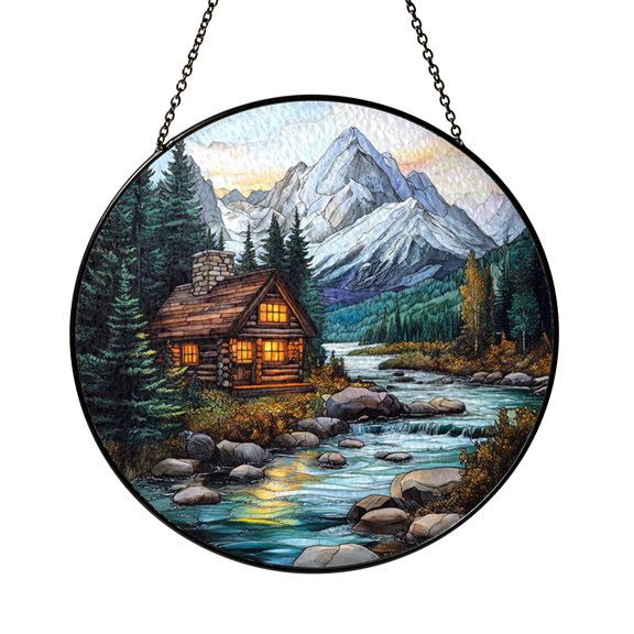 Rustic Mountain Cabin Round Stained Glass Suncatcher Window Hanging, Forest Stream and Pine Trees Landscape Home Decor