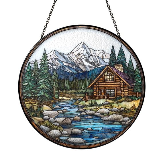 Rustic Mountain Cabin Stained Glass Style Panel – Round Window Hanging