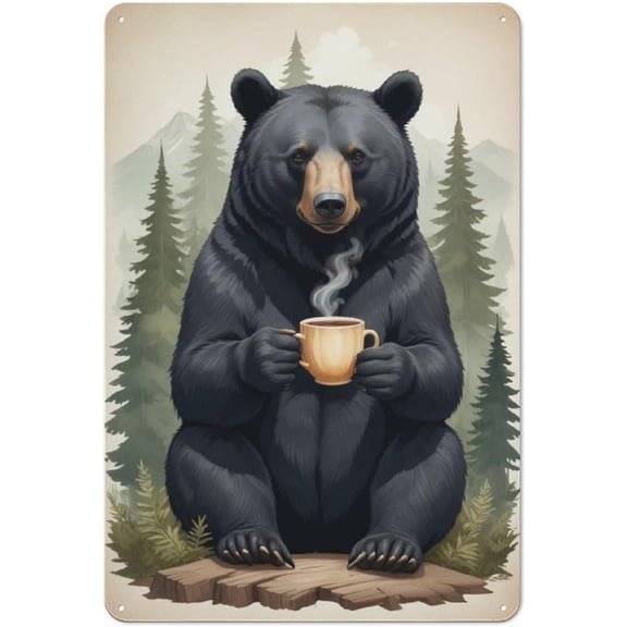 Rustic Mountain Cabin Wall Art Metal Tin Sign with Bear and Coffee Design 8x12 Inch for Home Wall Decor