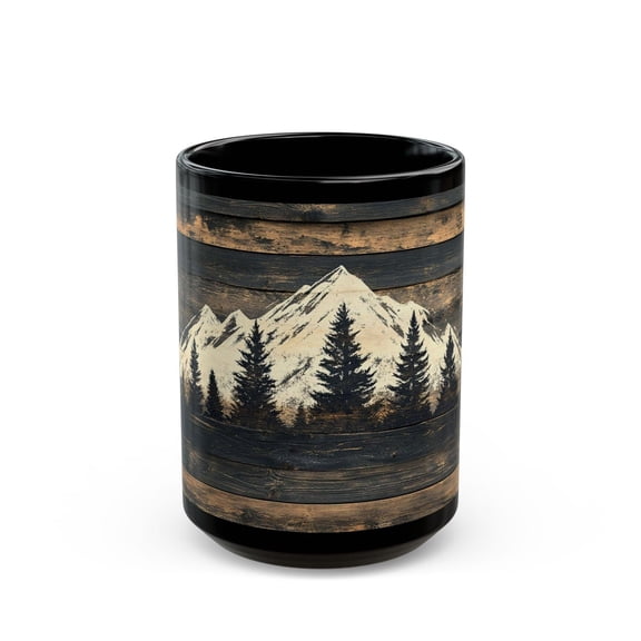 Rustic Mountain Coffee Mug: Faux Wood Cabin Decor, Pine Tree Forest Scene