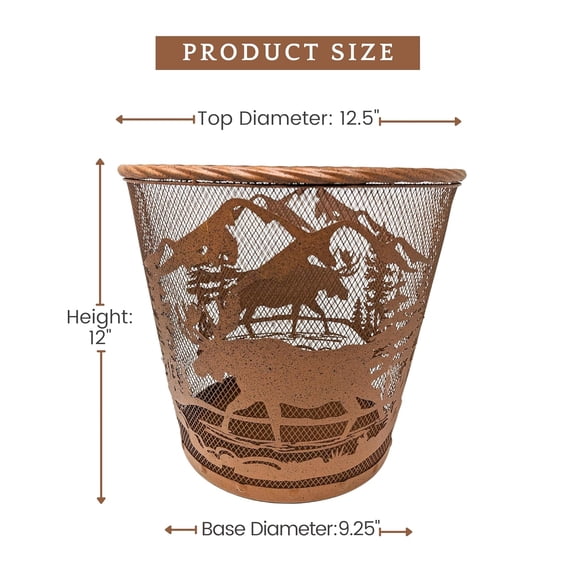 Rustic Mountain Forest Metal Wastebasket Brown Mesh Trash Bin with Wildlife Design for , Cabin, or Nature-Themed Dcor