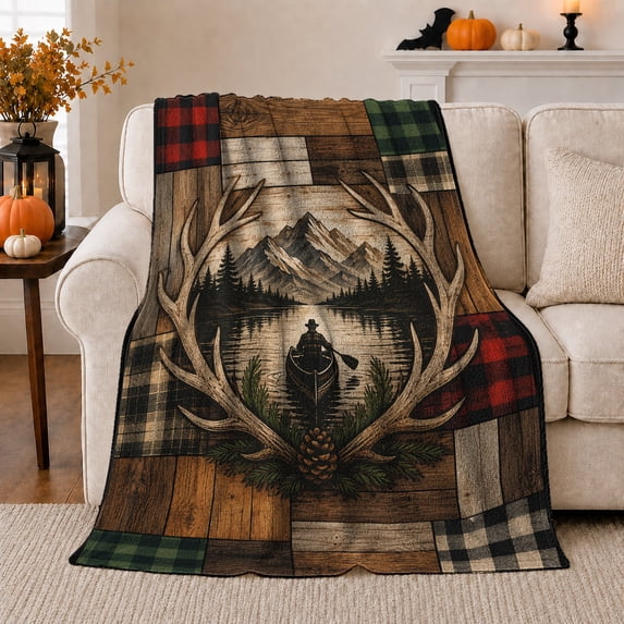 Rustic Mountain Lake Canoe Scene Buffalo Plaid Patchwork, Peaceful Mountain Lake Scene, Warm Flannel Blanket for Cabin and Lodge, Outdoor Lovers Camping Gift, Artistic Home Decor