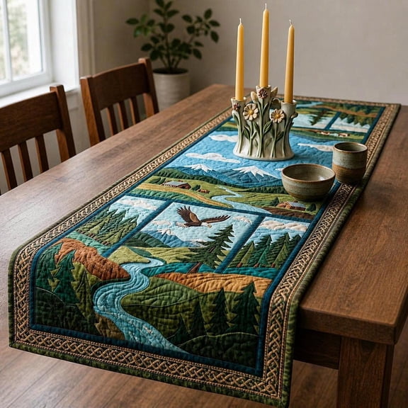 Rustic Mountain Landscape Quilted Table Runner, Nature Forest River Cabin Decor, Farmhouse Dining Table Cover, Lodge Style Home Gift