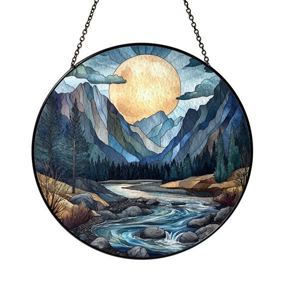Rustic Mountain Landscape Stained Glass Suncatcher Window Hanging Starry Sky Cabin Decor Outdoor Enthusiast Gift
