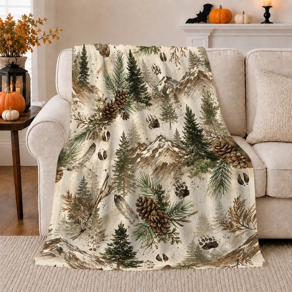 Rustic Mountain Lodge Autumn, Cozy Rustic Scene, Warm Flannel Blanket for Cabin and Lodge with Detailed Artwork, Animal Lovers Thanksgiving Gift, Rustic Home Decor
