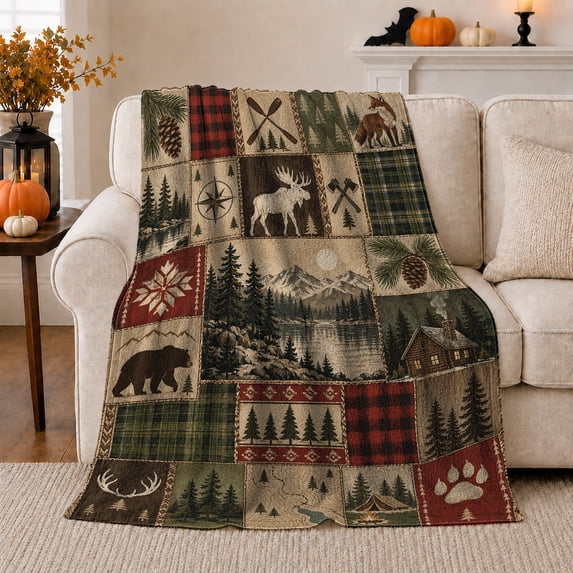 Rustic Mountain Lodge Collage Of Wildlife Campsite Elements, Rustic Camping Scene, Warm Flannel Blanket for Cabin and Lodge, Outdoor Lovers Camping Gift, Rustic Home Decor