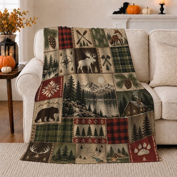Rustic Mountain Lodge Collage Of Wildlife Campsite Elements, Rustic Camping Scene, Warm Flannel Blanket for Cabin and Lodge, Outdoor Lovers Camping Gift, Rustic Home Decor