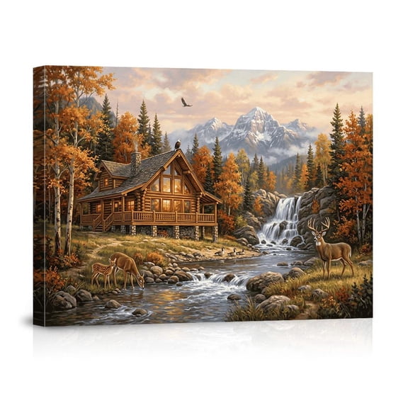 Rustic Mountain Log Cabin Autumn Forest Waterfall Landscape Wall Art, Artistic Nature Inspired Theme For Home And Living Room Decor