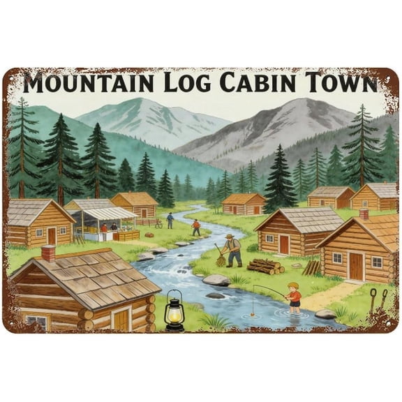 Rustic Mountain Log Cabin Village Scene Metal Tin Sign 8x12 Inch Fishing Stream Wall Decor Plaque for Home Cabin Lodge