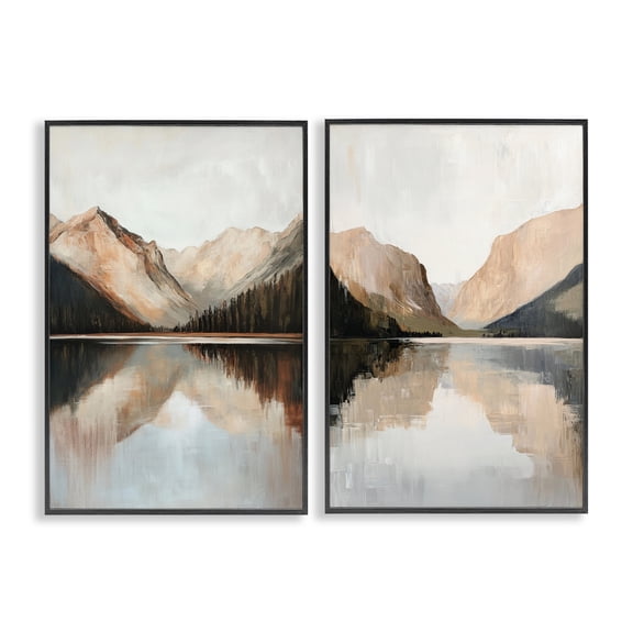 Stupell Industries Rustic Mountain Reflection and Lakes 2 Piece Black Framed Giclee Art Set, design by Petal Prints Design