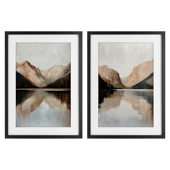 Stupell Industries Rustic Mountain Reflection and Lakes 2 Piece Black Framed Print Under Glass Set, design by Petal Prints Design
