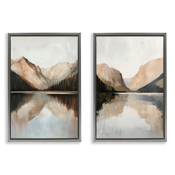 Stupell Industries Rustic Mountain Reflection and Lakes 2 Piece Gray Framed Floater Canvas Set, design by Petal Prints Design