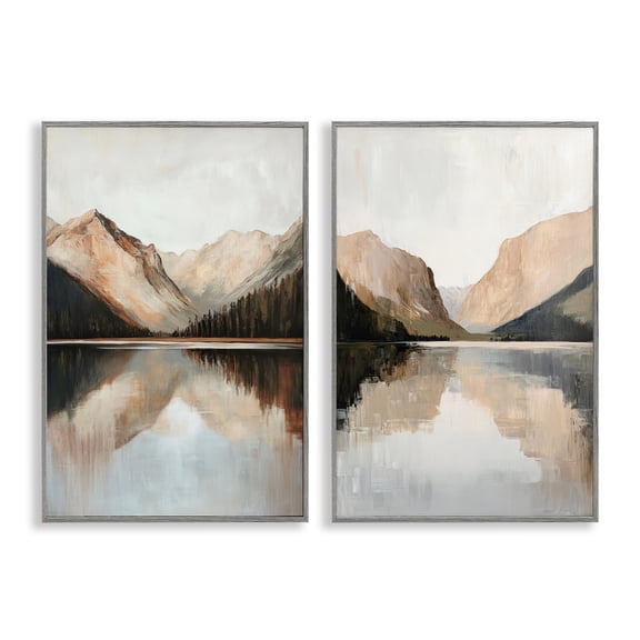 Stupell Industries Rustic Mountain Reflection and Lakes 2 Piece Gray Framed Giclee Art Set, design by Petal Prints Design