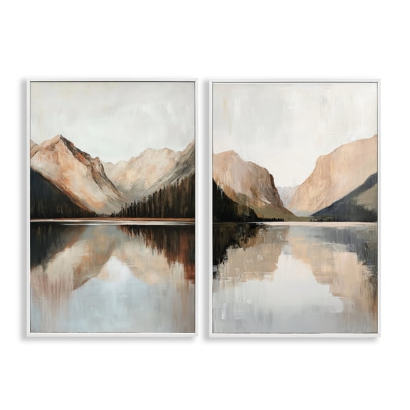 Stupell Industries Rustic Mountain Reflection and Lakes 2 Piece White Framed Giclee Art Set, design by Petal Prints Design