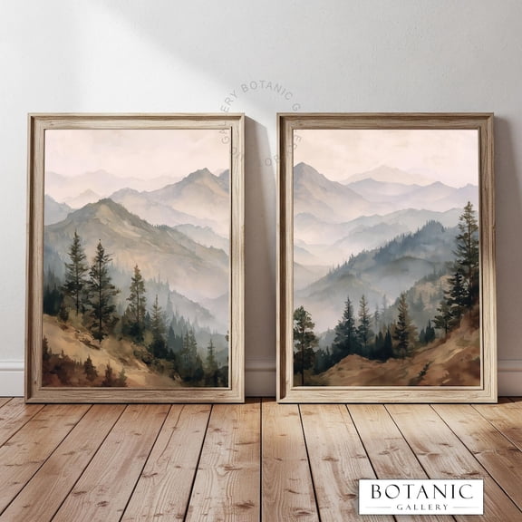 Rustic Mountain Scene Botanical Landscape Diptych Wall Art Set 2 Stretched Canvas 16x24
