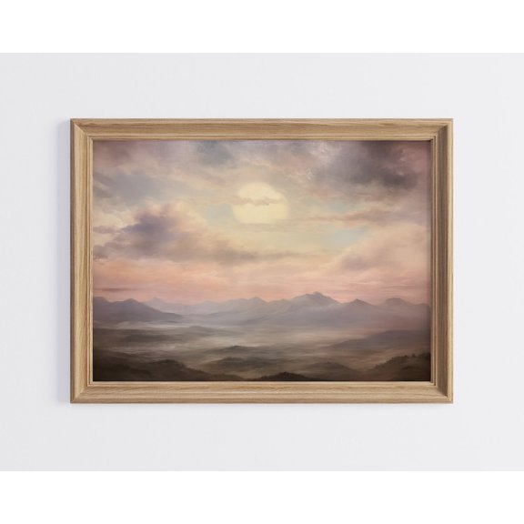 Rustic Mountain Sunrise Vintage Mountains Landscape Wall Art Antique Sunset Print Cloudy Summer Landscape Misty Morning