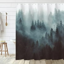 Rustic Mountain Tree Shower Curtain Set, Smokey Mist Forest National Scenery Polyester Waterproof Cloth Bathroom Curtain with 12 Hooks, 71x71 Inches