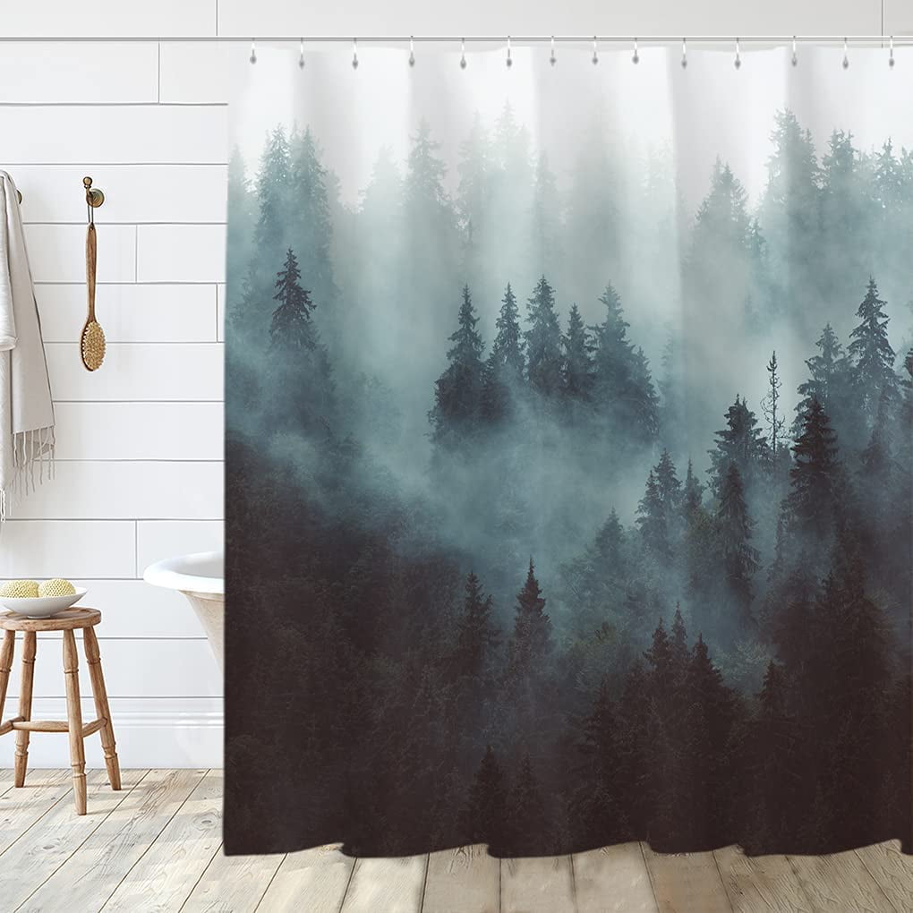 Rustic Mountain Tree Shower Curtain Set, Smokey Mist Forest National Scenery Polyester Waterproof Cloth Bathroom Curtain with 12 Hooks, 72x72 Inches