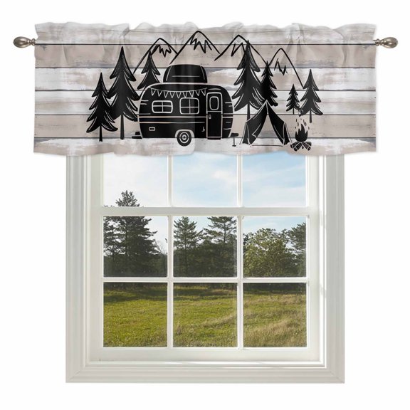 Rustic Mountain Trees Camper Sketch Valances for Windows Home Quote on Wood Grain Rod Pocket Curtain Valance Window Treatment Short Curtains for Kitchen Living Room,42x12in