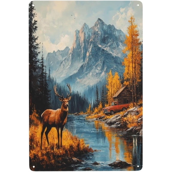 Rustic Mountain Valley Deer Pine Forest Metal Wall Art Sign for Bathroom Restroom Farmhouse Yard 8x12 Inches