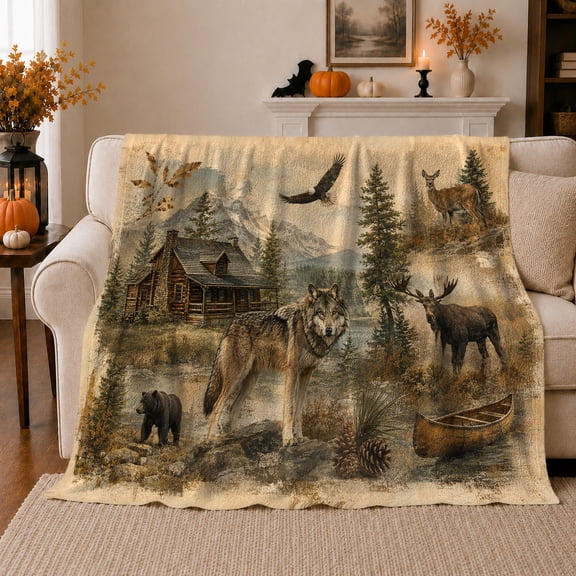 Rustic Mountain Wildlife Scene Wolf Bear Moose Wilderness, Peaceful Mountain Lake Scene, Warm Flannel Blanket for Cabin and Lodge, Outdoor Lovers Camping Gift, Rustic Home Decor