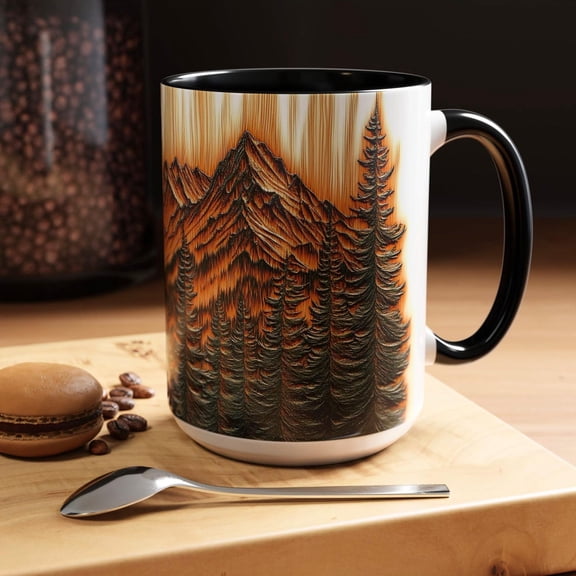 Rustic Mountain and Pine Tree Ceramic Mug: Carved Wood Effect Cabin Decor Gift