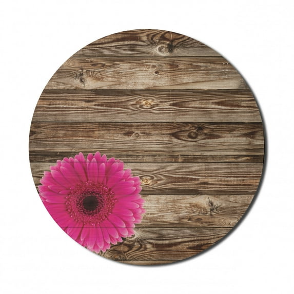 Rustic Mouse Pad for Computers, Hot Giant Pink Flower Petals on the Wooden Rustic Board Background Artisan Picture Print, Round Non-Slip Thick Rubber Modern Mousepad, 8" Round, Brown, by Ambesonne