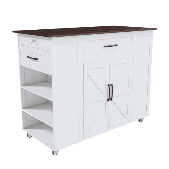 Rustic Movable Kitchen Island on Wheels with Storage & Power Outlet, White MDF Frame with Wood Top, 46"