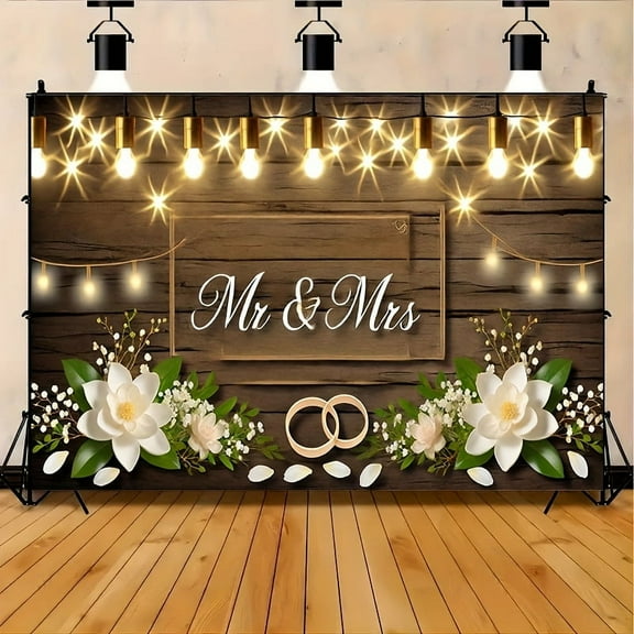 Rustic Mr & Mrs Engagement Backdrop Wedding White Floral Wooden Background Bride and Groom Engaged Ceremony Anniversary Bridal Shower Party Supplies Photobooth Props