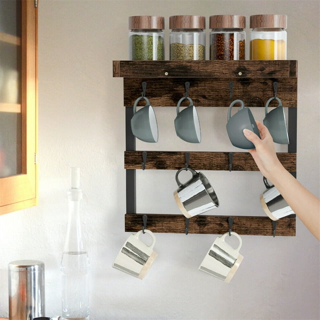 Rustic Mug Rack Wall Mounted with Shelf 12 Coffee Cup Hangers for