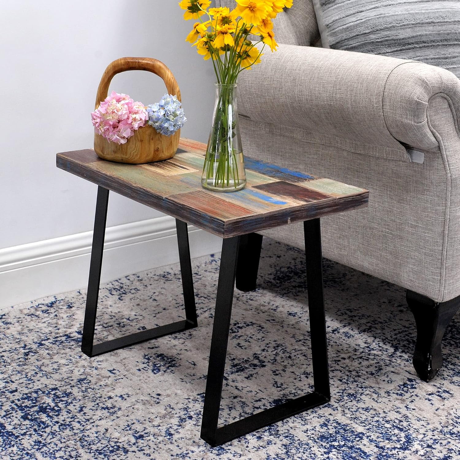 Rustic Multi Color Rectangle Bench Reclaimed Wood Coffee Side Table 13 ...