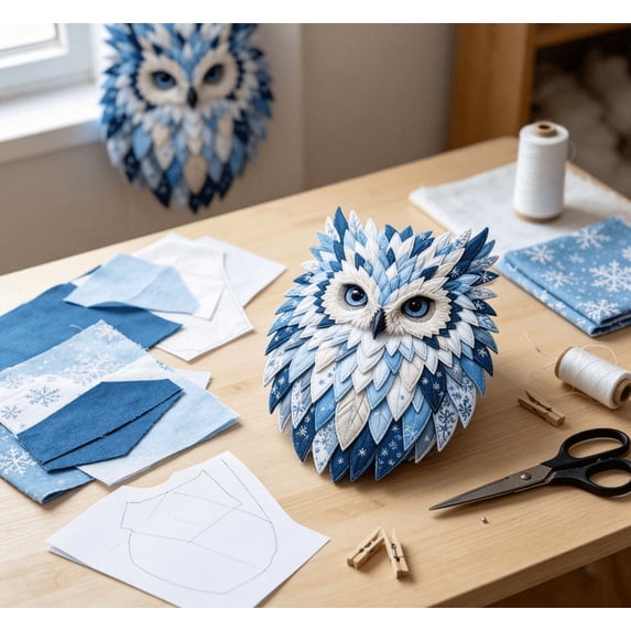 Rustic Multi Layer Fabric Owl DIY Wall Decor Kit Hand‑Stitching Patchwork Craft Set to Make Textured Owl Wall Ornament for Household Interior Wall Decoration (Blue)