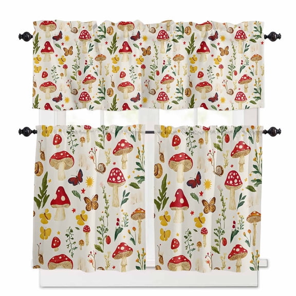 Rustic Mushroom Kitchen Curtains Valances and Tiers Set of 3, 24 Inch Length Tier Curtains and Valance Rod Pocket Valance Curtains Set for Kitchen Bathroom Small Windows
