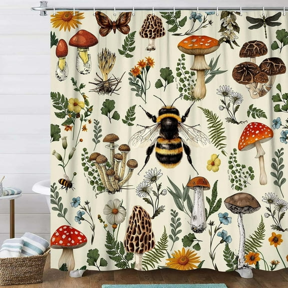 Rustic Mushroom Shower Curtain, Botanical Floral Cottagecore Bee Aesthetic Shower Curtain Set with Hook,Vintage Chic Shower Curtain for Bathroom