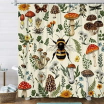 Rustic Mushroom Shower Curtain, Botanical Floral Cottagecore Bee Aesthetic Shower Curtain Set with Hook,Vintage Chic Shower Curtain for Bathroom