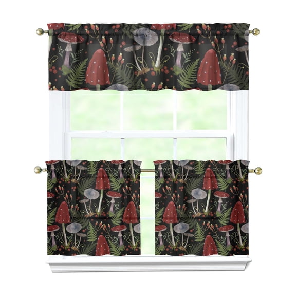 Rustic Mushroom Tier and Valance Set 27.5x24in, Polyester Forest Plant Kitchen Curtains, Woodland Window Drapes for Bathroom, Laundry, Cafe, or Autumn and Thanksgiving Decor