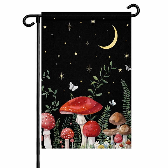 Rustic Mushrooms Garden Flags for Outside Green Botanical Leaf Butterflies Double Sided Yard Flags Outdoor House Decoration, Small 12X18 Inch, Black