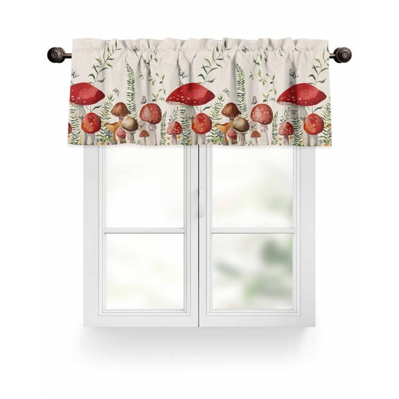 Rustic Mushrooms Kitchen Valances for Windows Green Botanical Leaves Butterflies Valance Curtains for Kitchen /Living Room/Bedroom/ Bathroom Decor, 54"x18 " ,Rod Pocket 1 Panel,