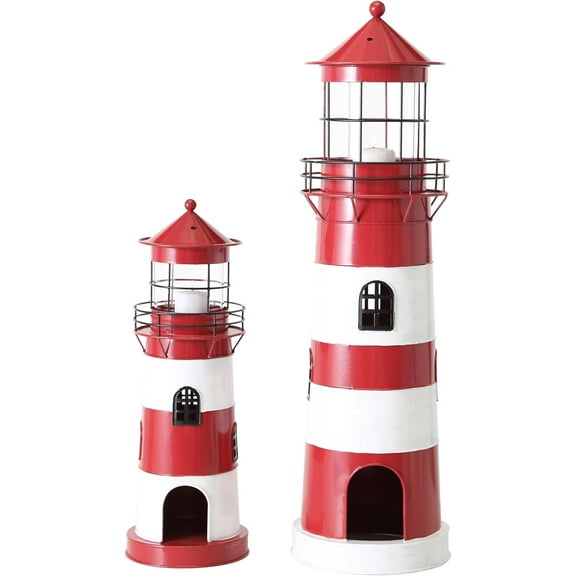 Rustic Nantucket Lighthouse Votive Candle Lanterns, Set of 2,  Red and White Stripes, 16.5  and 25.25 Inches Tall
