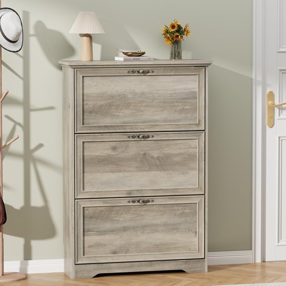 Rustic Narrow Wooden Shoe Organizer Cabinet with 3 Flip Drawers and Metal Handle, Slim Freestanding Rack for Entryway and Hallway